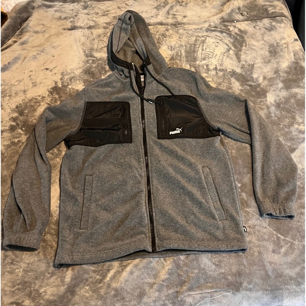 Puma Mens Full Zip Fleece Hoodie Gray Black Utility Pocket Jacket Size Small